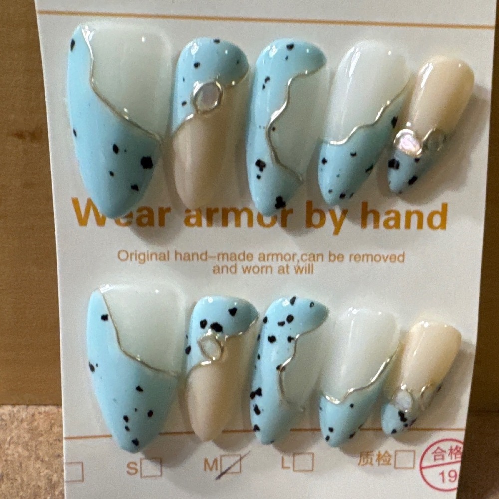 Press On Nails Light Blue Cream Speckled Silver Wire Detail Size M 10pc